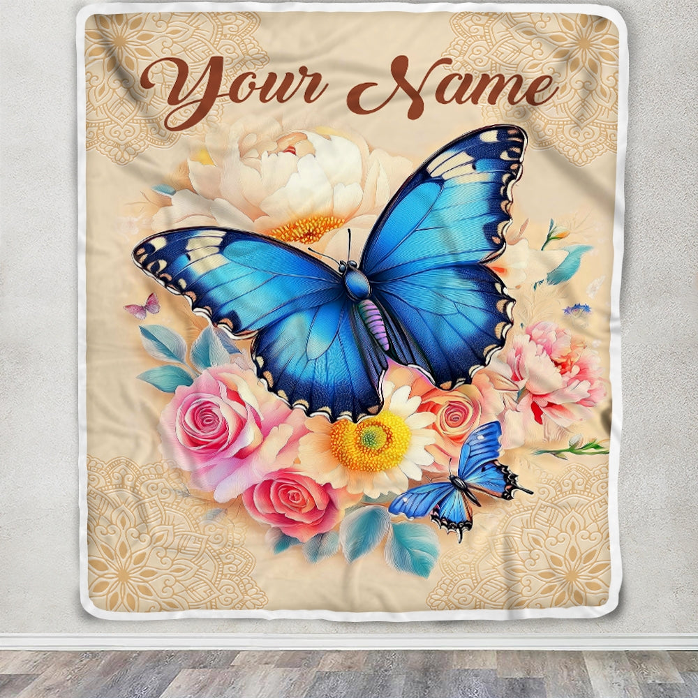 Personalized Name Butterfly Blanket For Women Girl Floral Bouquet Colorful Flowers Gifts Daughter Granddaughter Birthday Christmas Custom Fleece Throw Blanket | teecentury