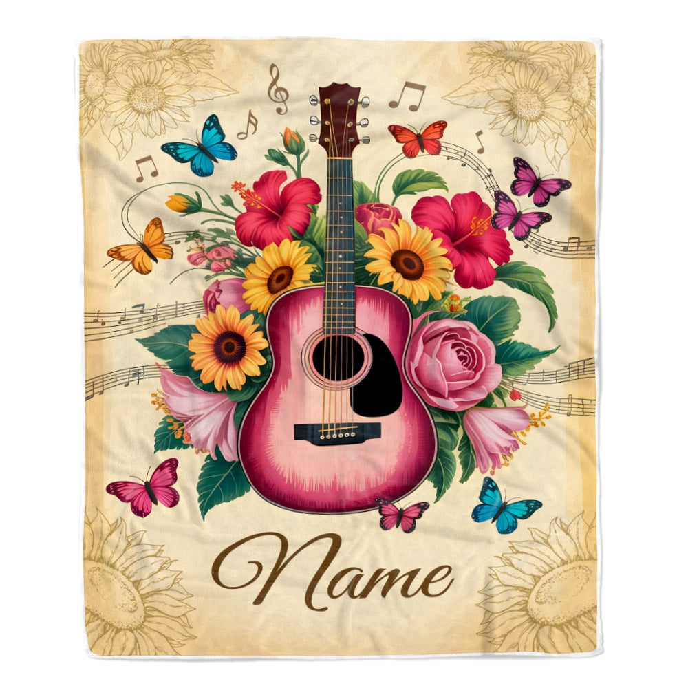 Personalized Name Guitar Blanket For Women Girl Music Lover Floral Butterfly Boho Flowers Daughter Birthday Gifts Christmas Custom Fleece Throw Blanket | teecentury