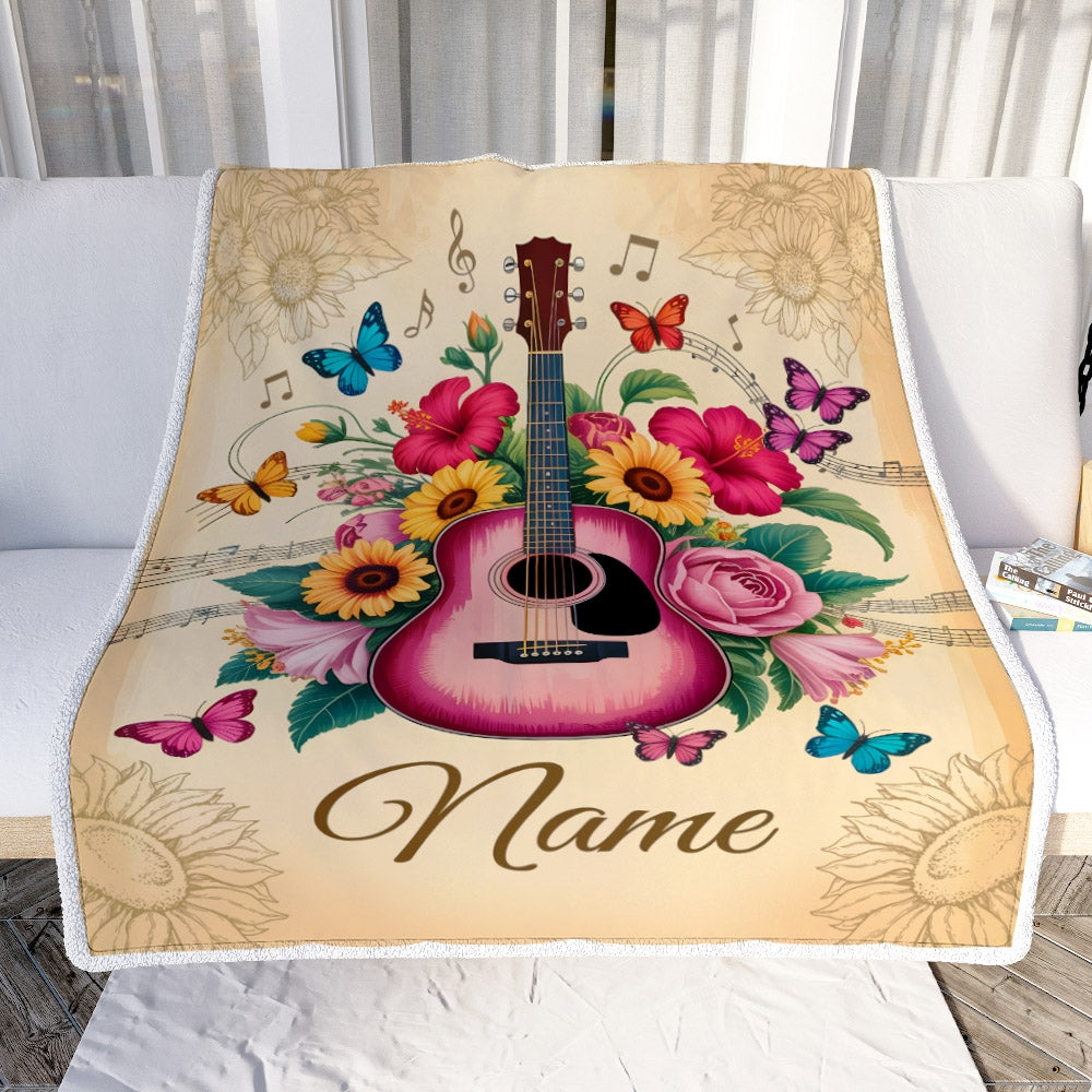 Personalized Name Guitar Blanket For Women Girl Music Lover Floral Butterfly Boho Flowers Daughter Birthday Gifts Christmas Custom Fleece Throw Blanket | teecentury