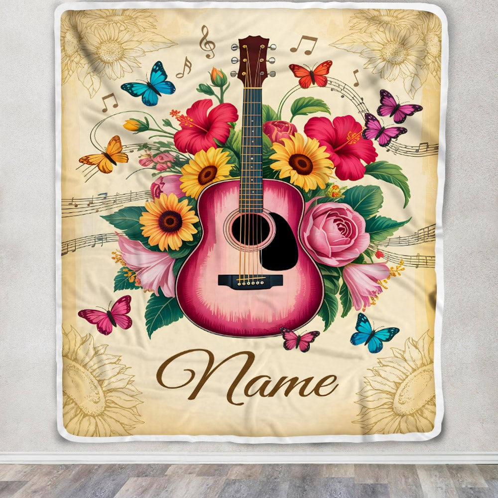 Personalized Name Guitar Blanket For Women Girl Music Lover Floral Butterfly Boho Flowers Daughter Birthday Gifts Christmas Custom Fleece Throw Blanket | teecentury