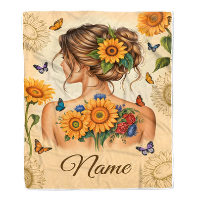 Personalized Name Sunflower Blanket For Women Girl Butterfly Floral Beauty Gifts Daughter Niece Granddaughter Birthday Christmas Custom Fleece Throw Blanket | teecentury