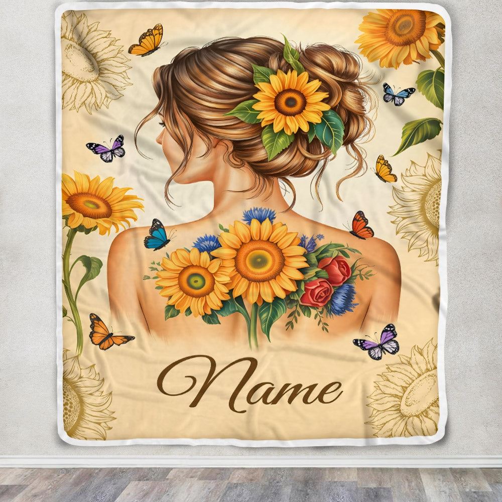 Personalized Name Sunflower Blanket For Women Girl Butterfly Floral Beauty Gifts Daughter Niece Granddaughter Birthday Christmas Custom Fleece Throw Blanket | teecentury