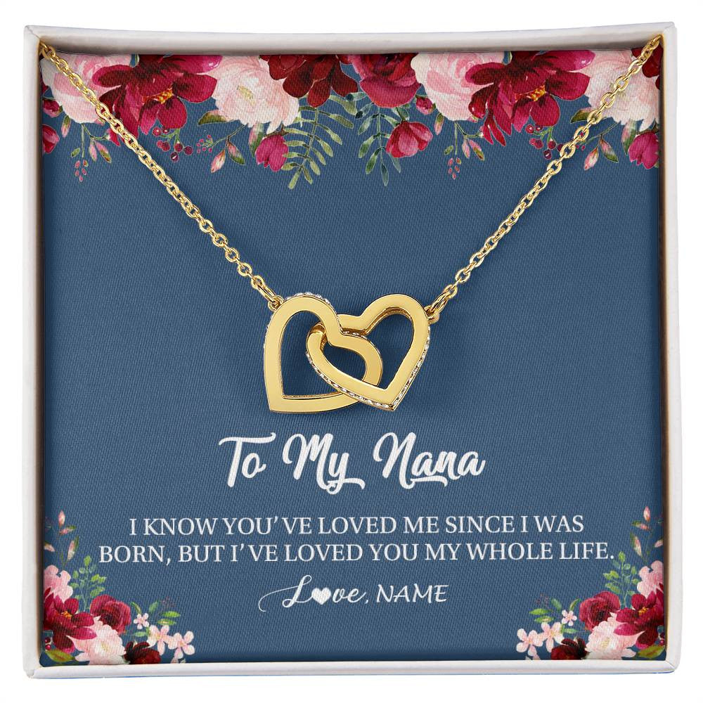 Interlocking Hearts Necklace 18K Yellow Gold Finish | Personalized Nana Necklace From Grandkids Granddaughter Grandson I've Loved You My Whole Life Floral Nana Birthday Mothers Day Christmas Customized Message Card | teecentury