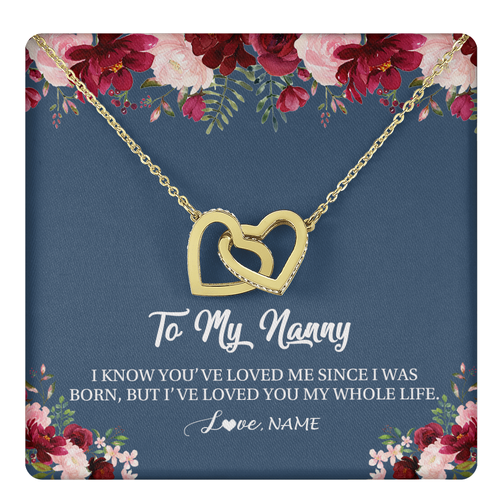 Interlocking Hearts Necklace 18K Yellow Gold Finish | 1 | Personalized Nanny Necklace I've Loved You My Whole Life Floral Nanny Birthday Mothers Day Christmas Customized Message Card | teecentury