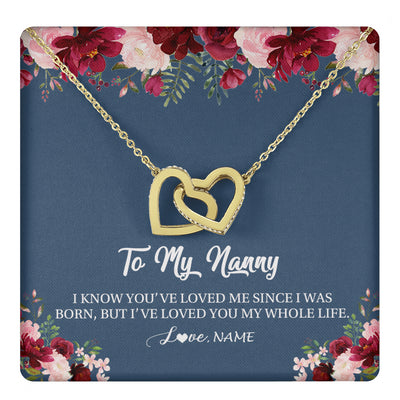 Interlocking Hearts Necklace 18K Yellow Gold Finish | 1 | Personalized Nanny Necklace I've Loved You My Whole Life Floral Nanny Birthday Mothers Day Christmas Customized Message Card | teecentury