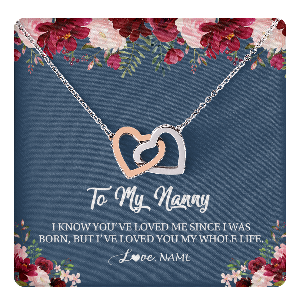 Interlocking Hearts Necklace Stainless Steel & Rose Gold Finish | 1 | Personalized Nanny Necklace I've Loved You My Whole Life Floral Nanny Birthday Mothers Day Christmas Customized Message Card | teecentury