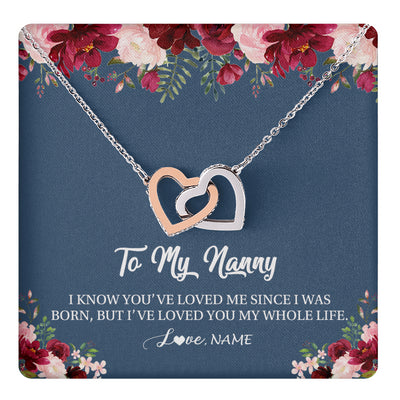 Interlocking Hearts Necklace Stainless Steel & Rose Gold Finish | 1 | Personalized Nanny Necklace I've Loved You My Whole Life Floral Nanny Birthday Mothers Day Christmas Customized Message Card | teecentury