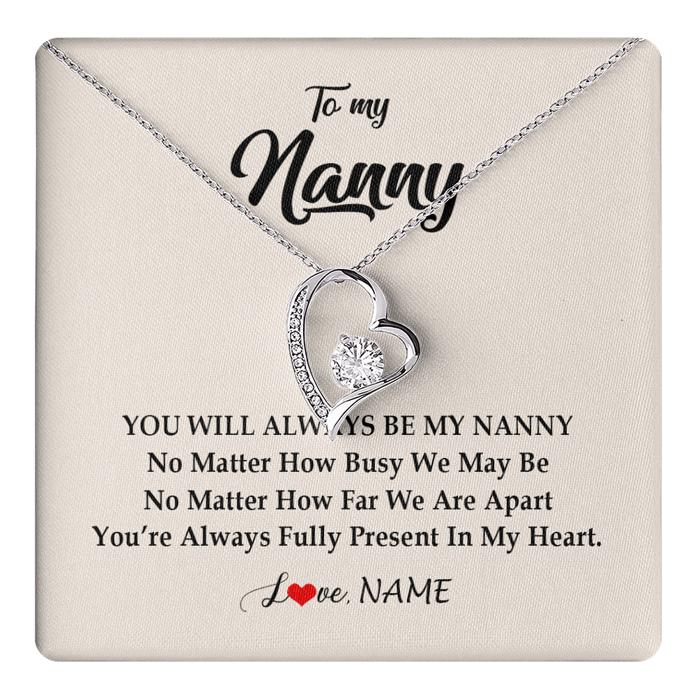 Forever Love Necklace 14K White Gold Finish | 1 | Personalized Nanny Necklace You're Always In My Heart Nanny Birthday Mothers Day Christmas Jewelry Pendant Customized Gift Box Message Card | teecentury