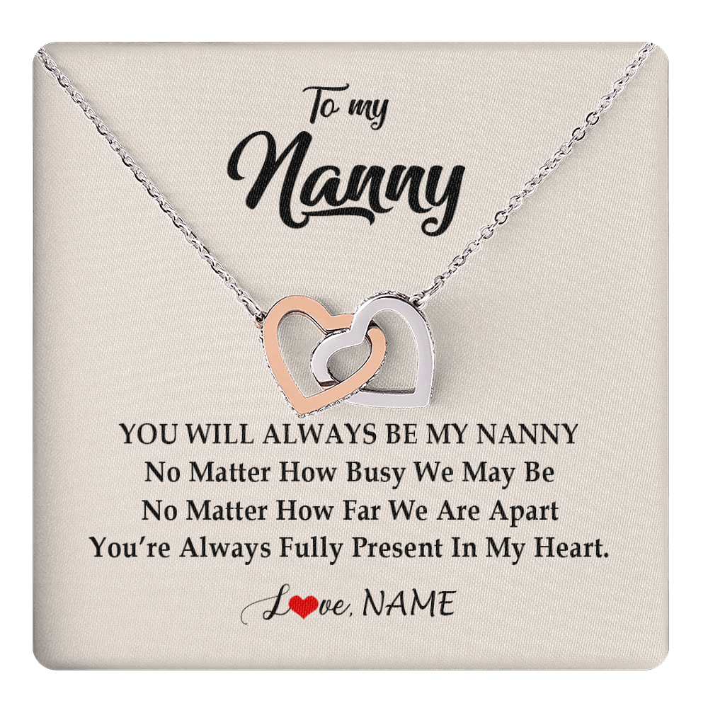 Interlocking Hearts Necklace Stainless Steel & Rose Gold Finish | 1 | Personalized Nanny Necklace You're Always In My Heart Nanny Birthday Mothers Day Christmas Jewelry Pendant Customized Gift Box Message Card | teecentury