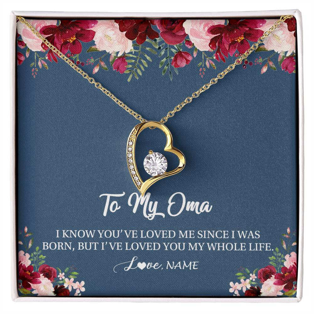 Forever Love Necklace 18K Yellow Gold Finish | Personalized Oma Necklace From Grandkids Granddaughter Grandson I've Loved You My Whole Life Floral Oma Birthday Mothers Day Christmas Customized Message Card | teecentury