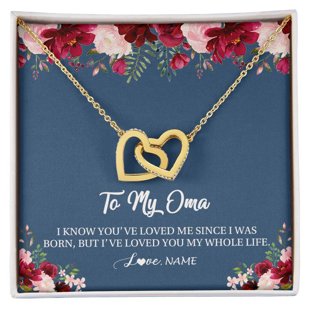Interlocking Hearts Necklace 18K Yellow Gold Finish | Personalized Oma Necklace From Grandkids Granddaughter Grandson I've Loved You My Whole Life Floral Oma Birthday Mothers Day Christmas Customized Message Card | teecentury