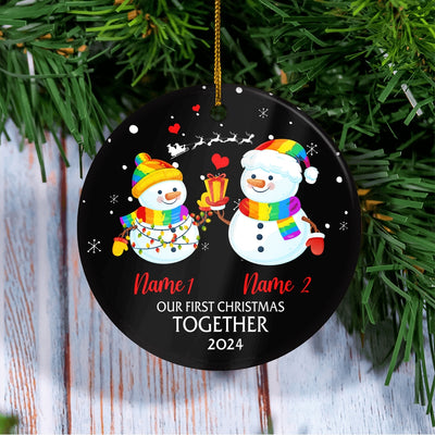 Personalized Our First Christmas 2022 Married Engagement Couple LGBTQ Christmas Snowman Gay Lesbian Love is Pride Customized Christmas Tree Ornament Ornament | Teecentury.com
