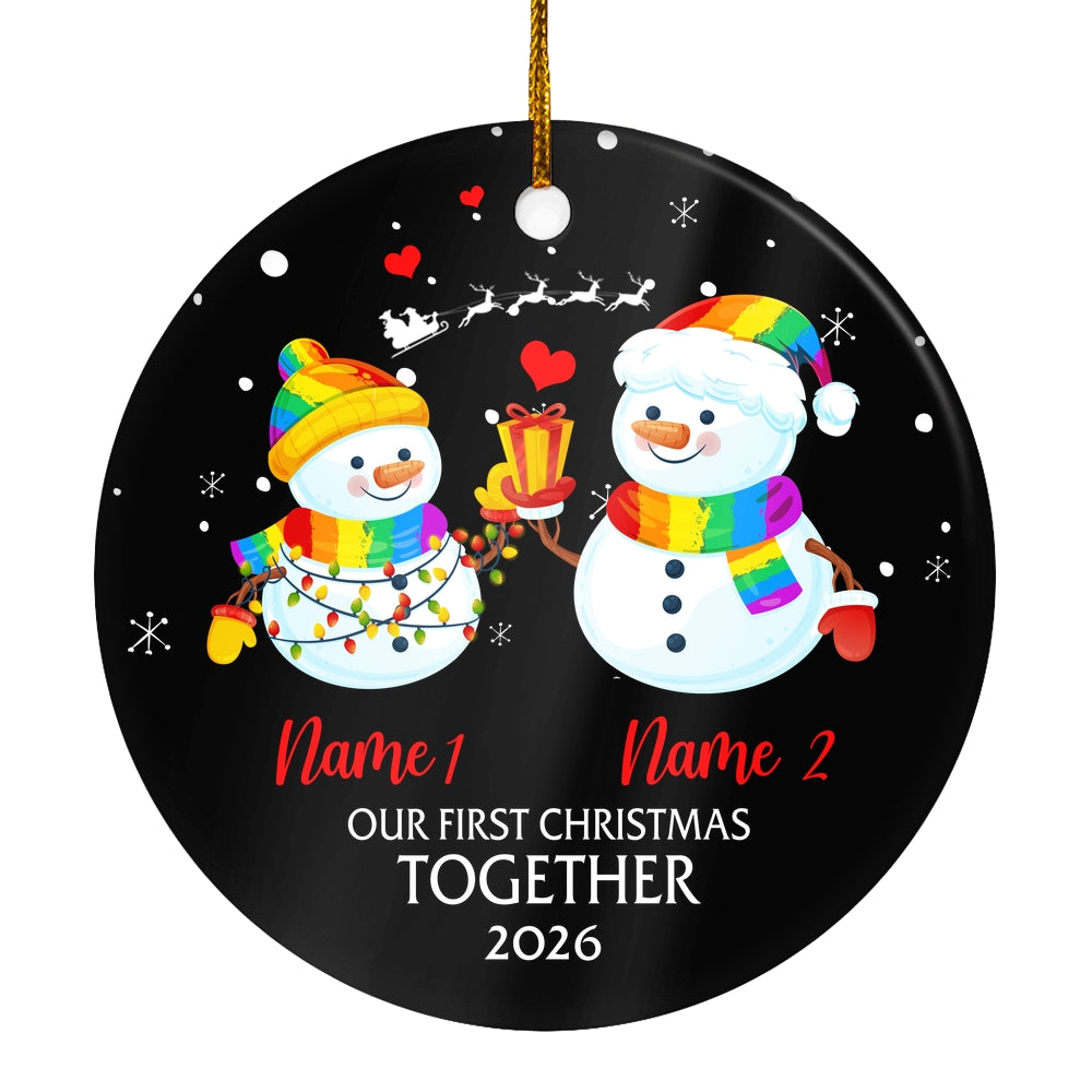 Personalized Our First Christmas 2025 Married Engagement Couple LGBTQ Snowman Gay Lesbian Love is Pride Customized Christmas Tree Ornament | teecentury