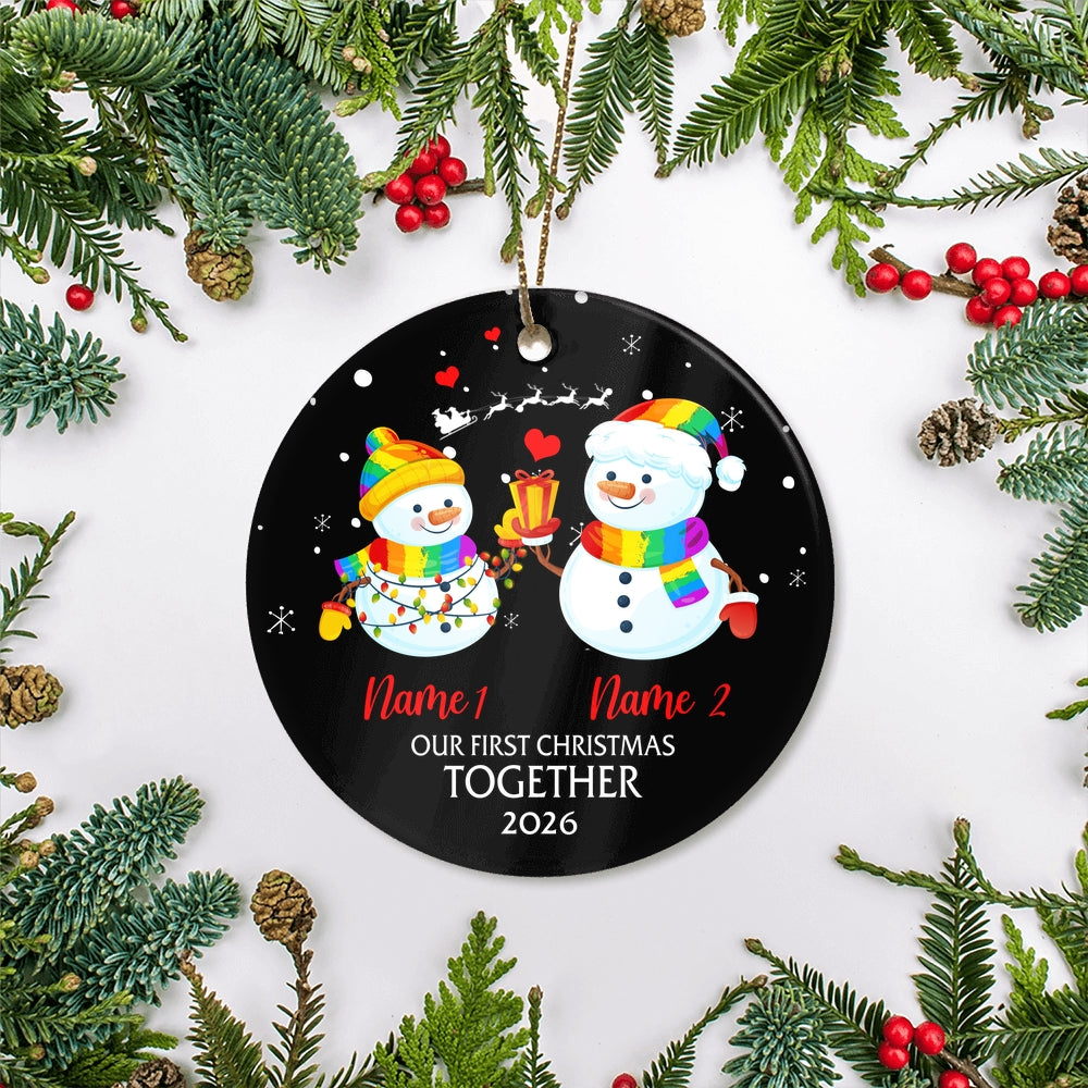 Personalized Our First Christmas 2025 Married Engagement Couple LGBTQ Snowman Gay Lesbian Love is Pride Customized Christmas Tree Ornament | teecentury