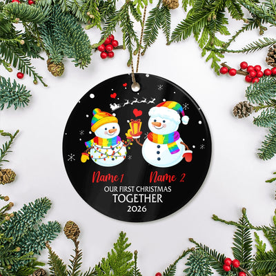 Personalized Our First Christmas 2025 Married Engagement Couple LGBTQ Snowman Gay Lesbian Love is Pride Customized Christmas Tree Ornament | teecentury