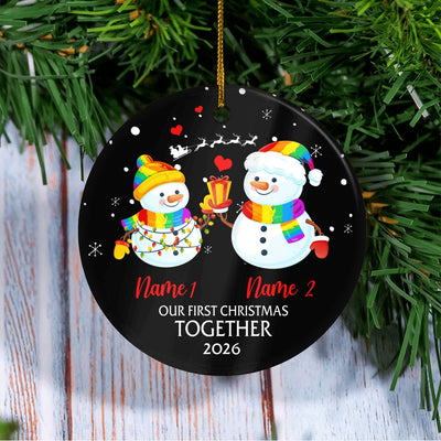 Personalized Our First Christmas 2025 Married Engagement Couple LGBTQ Snowman Gay Lesbian Love is Pride Customized Christmas Tree Ornament | teecentury