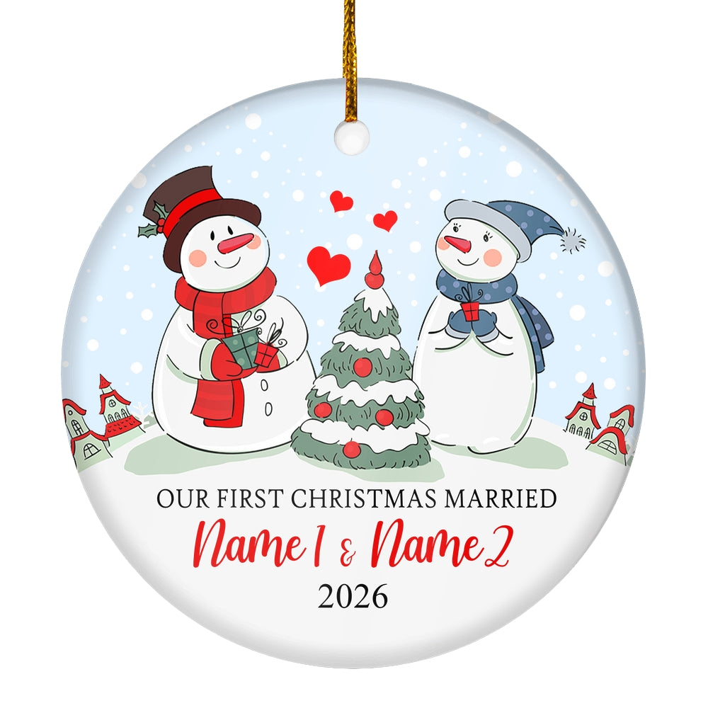 Personalized Our First Christmas Married Engagement Couple Snowman for Wedding Newlywed Customized Christmas Tree Ornament | teecentury