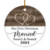 Personalized Our First Christmas Married Rustic Double Hearts Farmhouse For Wedding Newlywed Couple Customized Christmas Tree Ornament Ornament | Teecentury.com