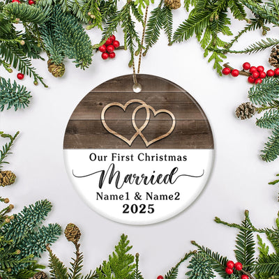 Personalized Our First Christmas Married Rustic Double Hearts Farmhouse For Wedding Newlywed Couple Customized Christmas Tree Ornament | teecentury