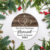 Personalized Our First Christmas Married Rustic Double Hearts Farmhouse For Wedding Newlywed Couple Customized Christmas Tree Ornament Ornament | Teecentury.com