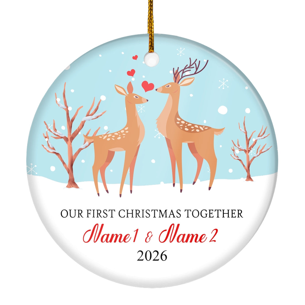 Personalized Our First Christmas Together 2025 Couple Buck and Doe Deer Newlywed Wife Husband Customized Christmas Tree Ornament | teecentury