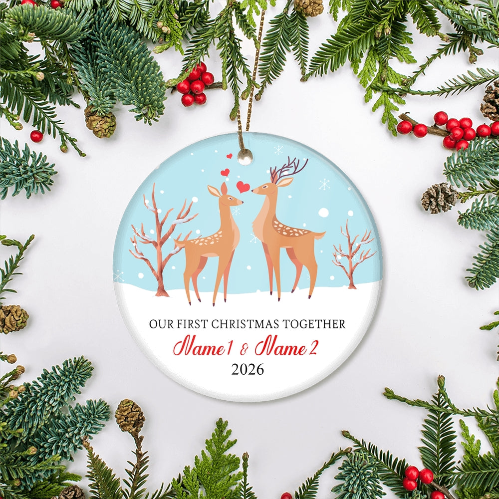 Personalized Our First Christmas Together 2025 Couple Buck and Doe Deer Newlywed Wife Husband Customized Christmas Tree Ornament | teecentury