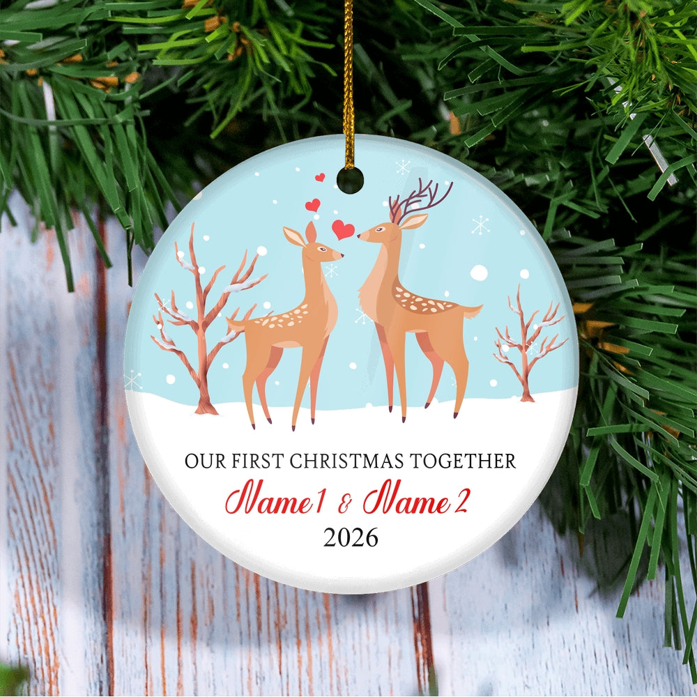 Personalized Our First Christmas Together 2025 Couple Buck and Doe Deer Newlywed Wife Husband Customized Christmas Tree Ornament | teecentury