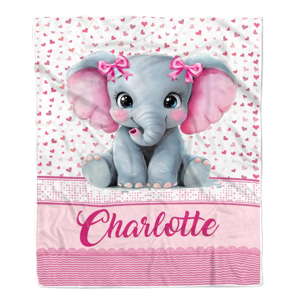 Personalized Pink Elephant Baby Blanket For Infant Toddler Girls Custom Name Cute Elephant Hearts Nursery Bedding Birthday Christmas Gift Fleece Throw Blanket | teecentury