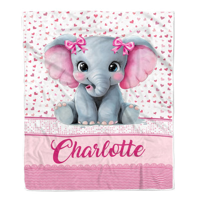Personalized Pink Elephant Baby Blanket For Infant Toddler Girls Custom Name Cute Elephant Hearts Nursery Bedding Birthday Christmas Gift Fleece Throw Blanket | teecentury