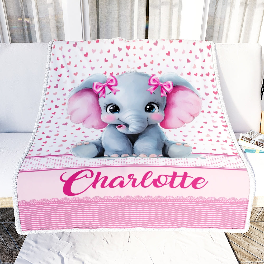 Personalized Pink Elephant Baby Blanket For Infant Toddler Girls Custom Name Cute Elephant Hearts Nursery Bedding Birthday Christmas Gift Fleece Throw Blanket | teecentury