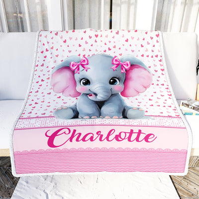 Personalized Pink Elephant Baby Blanket For Infant Toddler Girls Custom Name Cute Elephant Hearts Nursery Bedding Birthday Christmas Gift Fleece Throw Blanket | teecentury