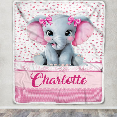 Personalized Pink Elephant Baby Blanket For Infant Toddler Girls Custom Name Cute Elephant Hearts Nursery Bedding Birthday Christmas Gift Fleece Throw Blanket | teecentury