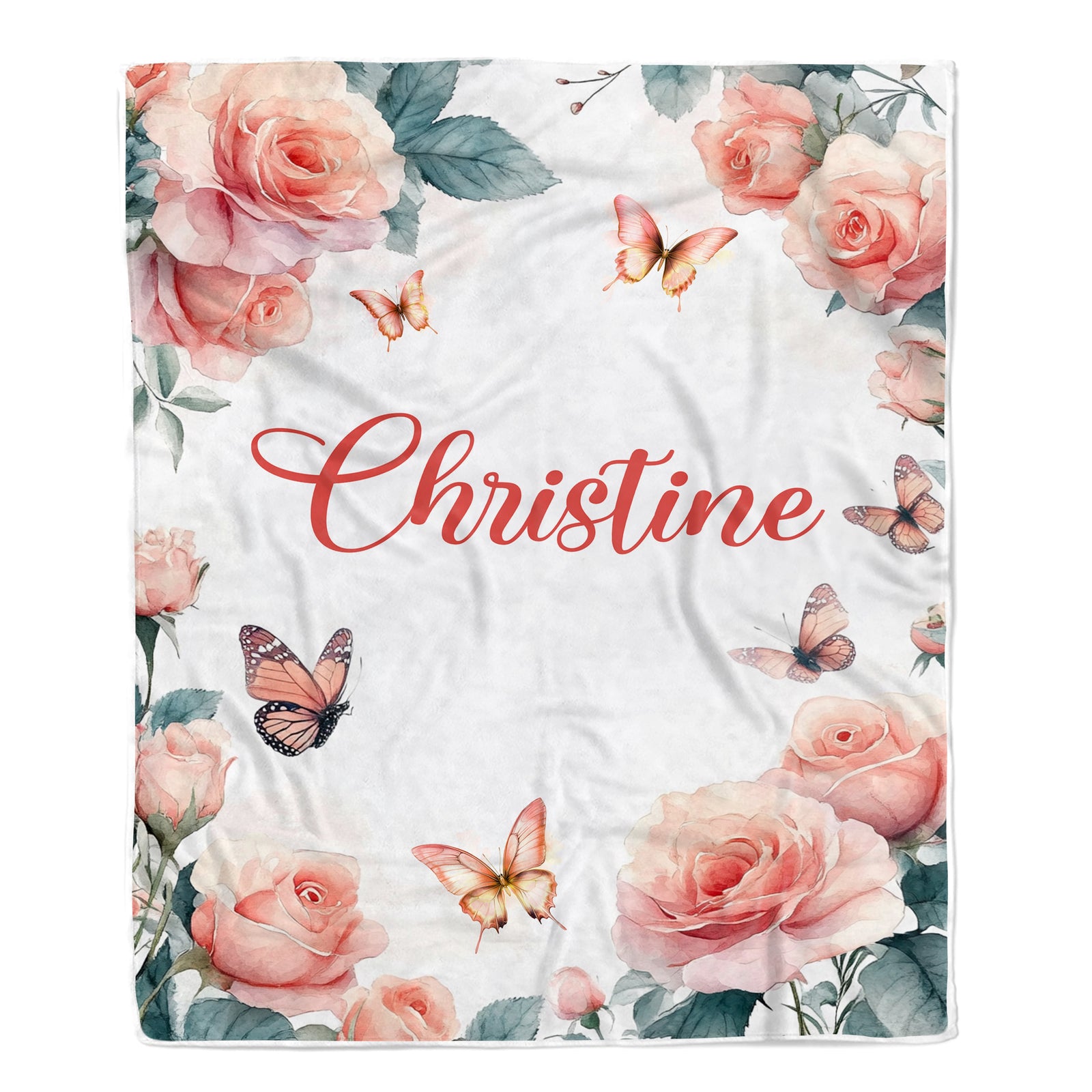 Personalized Pink Watercolor Floral Roses Baby Blanket Custom Name Flowers Butterflies Bees Nursery Decor Girl Birthday Christmas Gift Fleece Throw Blanket | teecentury
