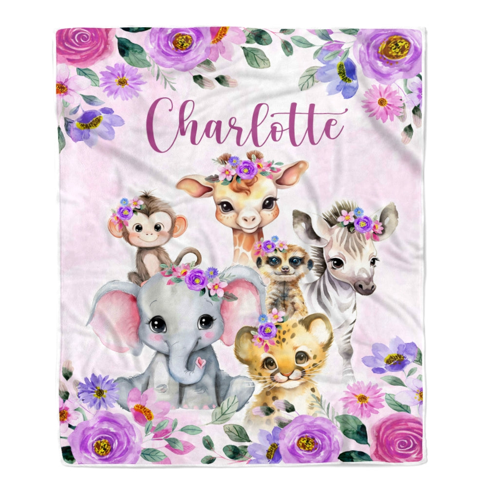Personalized Purple Safari Baby Blanket Girl Custom Baby Name Cobijas Para Bebe Niña Newborn Daughter Granddaughter Niece Birthday Christmas Fleece Blanket | teecentury
