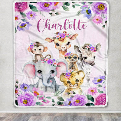 Personalized Purple Safari Baby Blanket Girl Custom Baby Name Cobijas Para Bebe Niña Newborn Daughter Granddaughter Niece Birthday Christmas Fleece Blanket | teecentury
