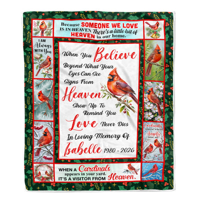 Personalized Red Bird Date Memorial Cardinal Appears in Loving Memory Dad Mom Grandma Grandpa Remembrance Bereavement Customized Bed Fleece Blanket | teecentury