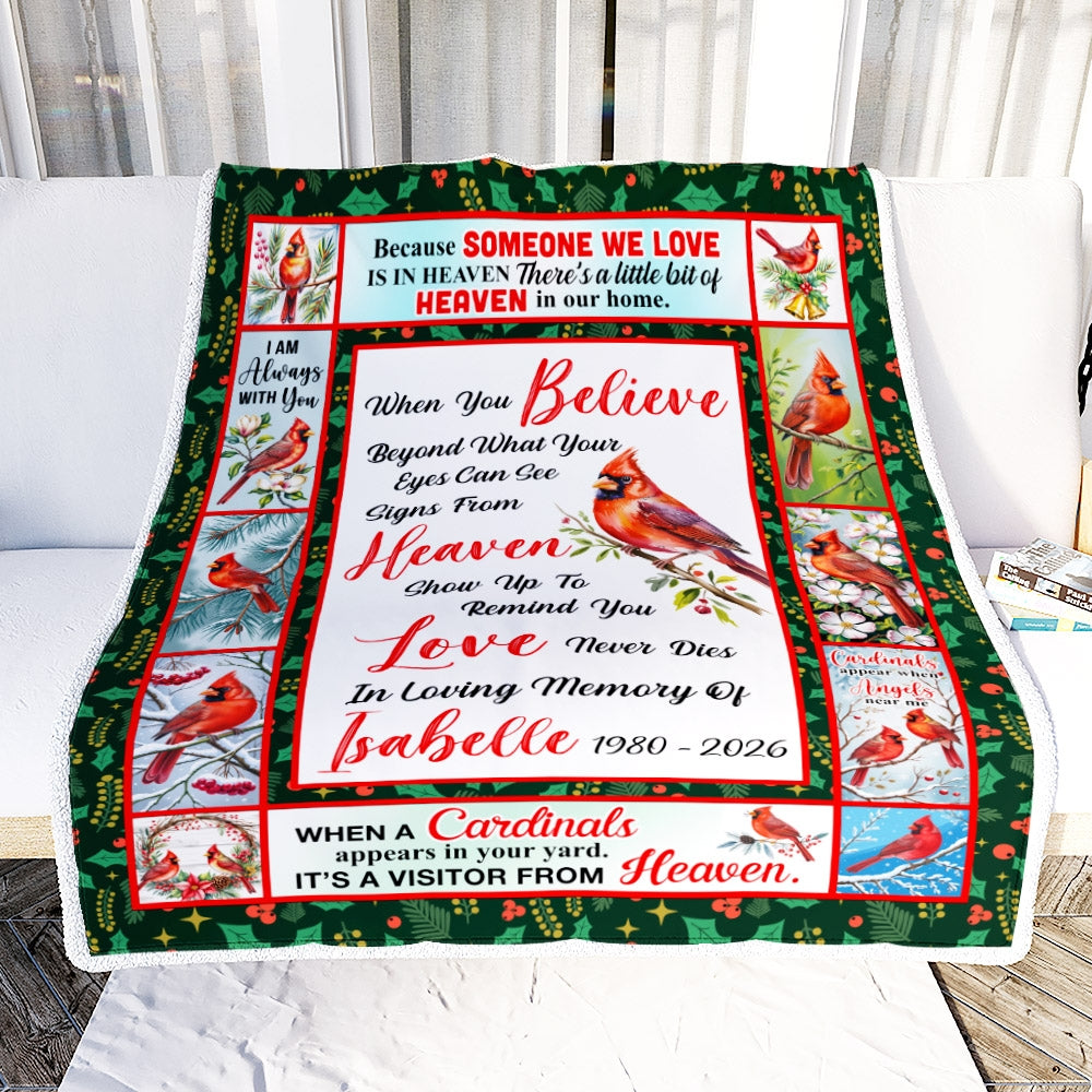 Personalized Red Bird Date Memorial Cardinal Appears in Loving Memory Dad Mom Grandma Grandpa Remembrance Bereavement Customized Bed Fleece Blanket | teecentury