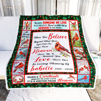 Personalized Red Bird Date Memorial Cardinal Appears in Loving Memory Dad Mom Grandma Grandpa Remembrance Bereavement Customized Bed Fleece Blanket | teecentury