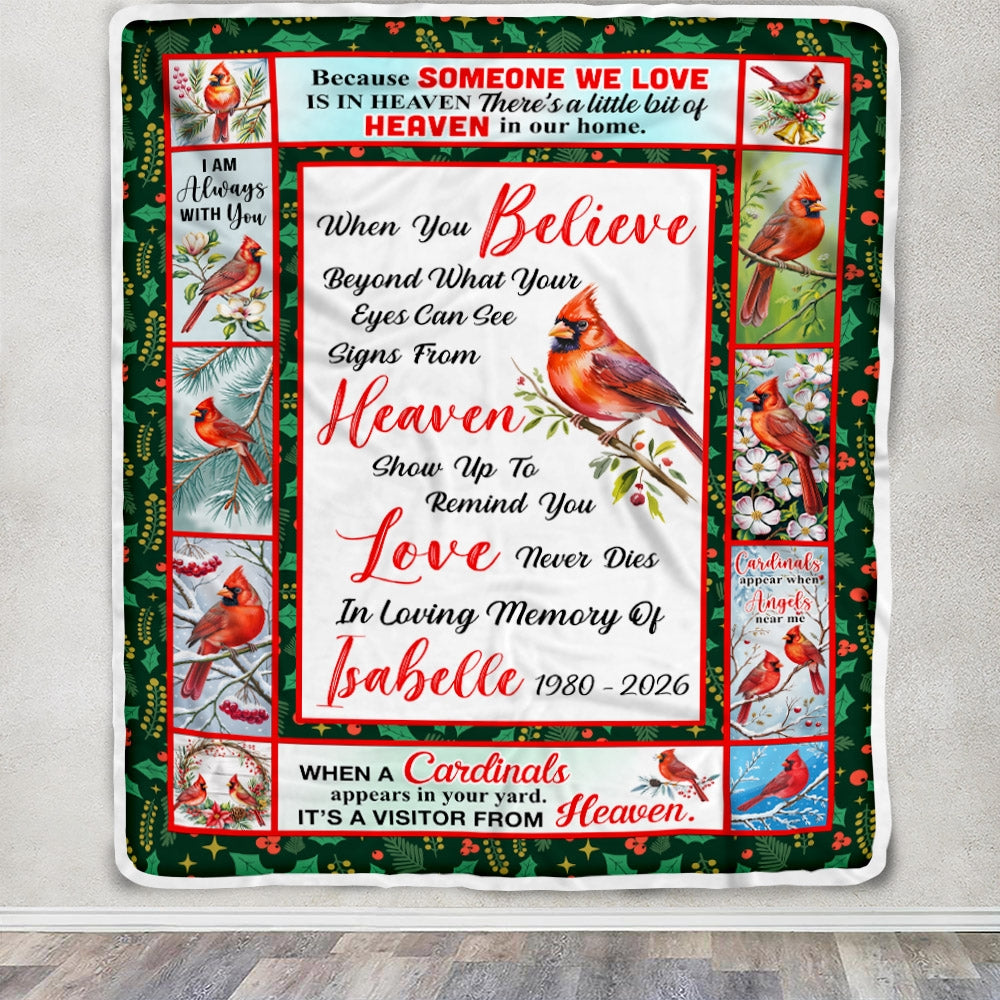 Personalized Red Bird Date Memorial Cardinal Appears in Loving Memory Dad Mom Grandma Grandpa Remembrance Bereavement Customized Bed Fleece Blanket | teecentury