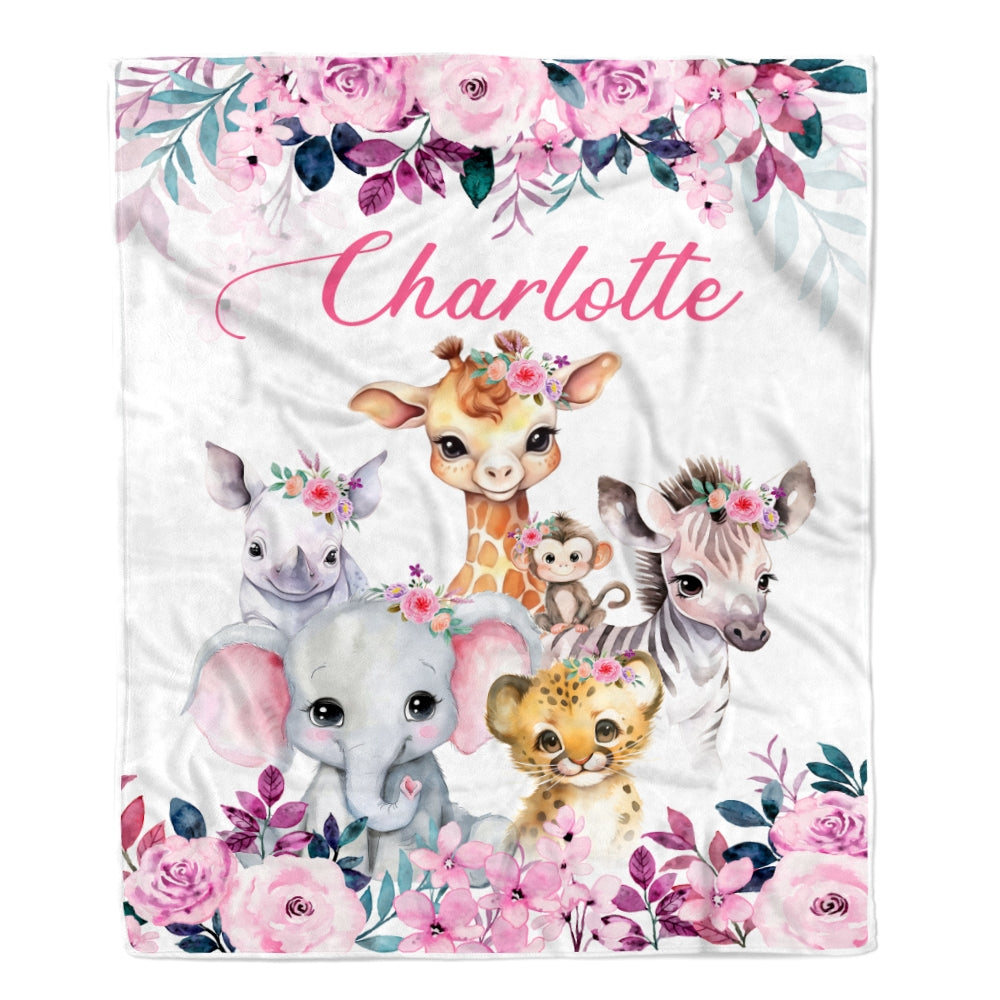 Personalized Safari Baby Blanket Elephant Giraffe Sloth Custom Name Girls Newborn Daughter Granddaughter Niece Birthday Customized Christmas Fleece Blanket Blanket | Teecentury.com