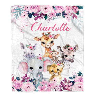Personalized Safari Baby Blanket Elephant Giraffe Sloth Custom Name Girls Newborn Daughter Granddaughter Niece Birthday Customized Christmas Fleece Blanket Blanket | Teecentury.com