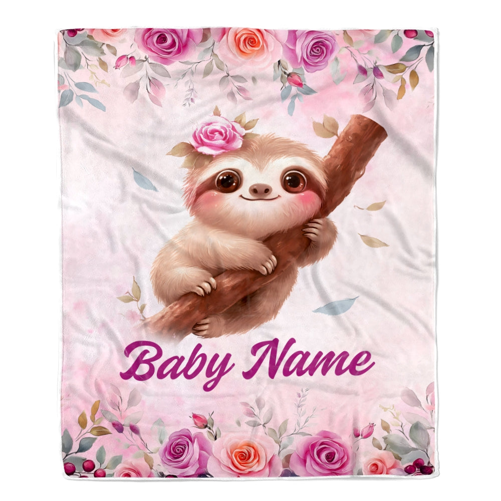 Personalized Sloth Baby Blanket For Girls Custom Name Pink Flowers Watercolor Bedding Gift For Babies Shower Newborn Toddler Birthday Christmas Fleece Blanket | teecentury