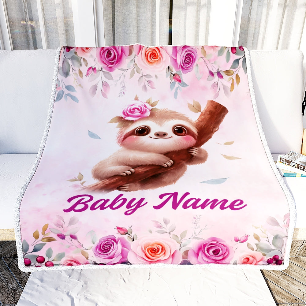Personalized Sloth Baby Blanket For Girls Custom Name Pink Flowers Watercolor Bedding Gift For Babies Shower Newborn Toddler Birthday Christmas Fleece Blanket | teecentury