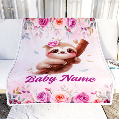 Personalized Sloth Baby Blanket For Girls Custom Name Pink Flowers Watercolor Bedding Gift For Babies Shower Newborn Toddler Birthday Christmas Fleece Blanket | teecentury