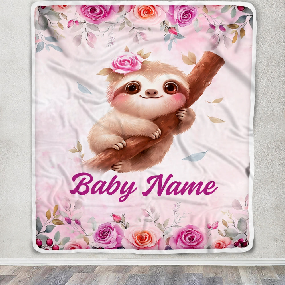 Personalized Sloth Baby Blanket For Girls Custom Name Pink Flowers Watercolor Bedding Gift For Babies Shower Newborn Toddler Birthday Christmas Fleece Blanket | teecentury