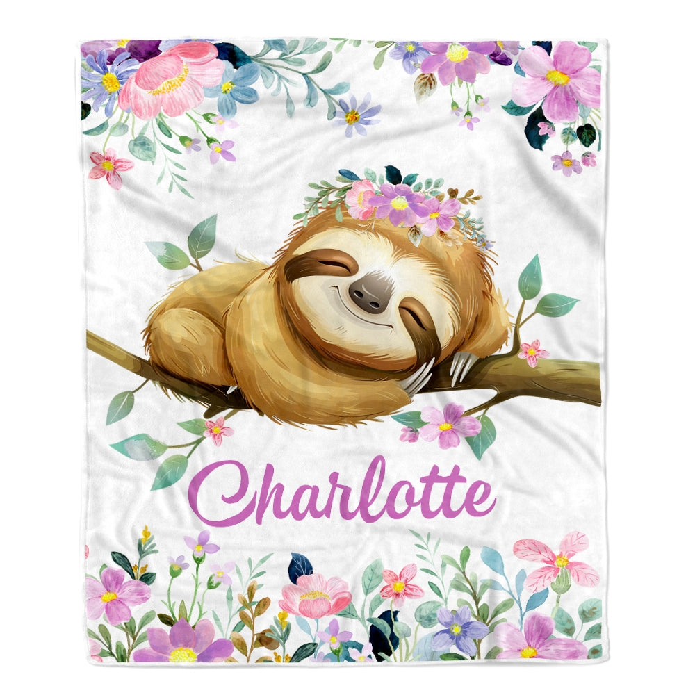 Personalized Sloth Blanket Custom Name Baby Girl Kids Baby Newborn Daughter Granddaughter Niece Birthday Christmas Customized Bed Fleece Throw Blanket | teecentury