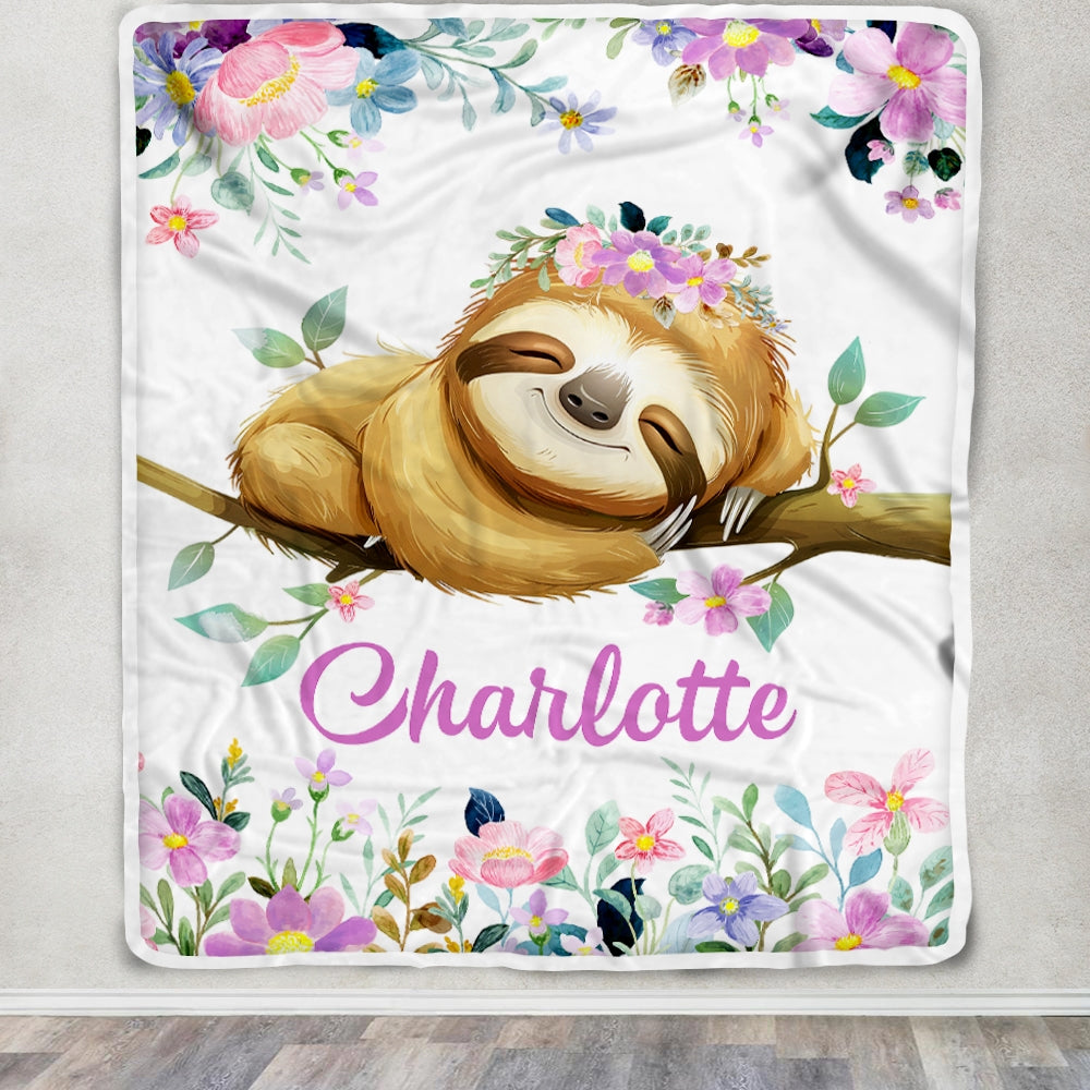 Personalized Sloth Blanket Custom Name Baby Girl Kids Baby Newborn Daughter Granddaughter Niece Birthday Christmas Customized Bed Fleece Throw Blanket | teecentury