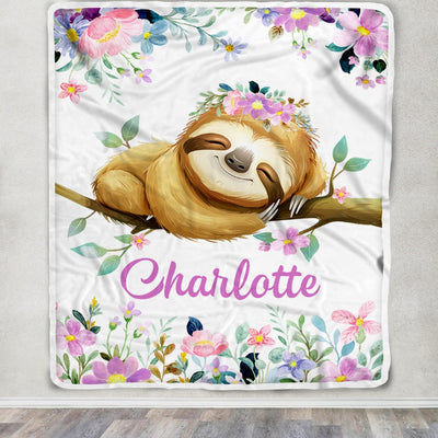 Personalized Sloth Blanket Custom Name Baby Girl Kids Baby Newborn Daughter Granddaughter Niece Birthday Christmas Customized Bed Fleece Throw Blanket | teecentury