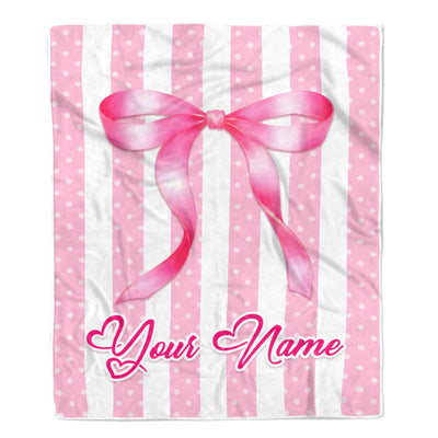 Personalized Striped Coquette Pink Bow Blanket For Girls Custom Name Baby Shower Teenn Kids Room Decor Birthday Gifts For Daughter Niece Fleece Throw Blanket | teecentury