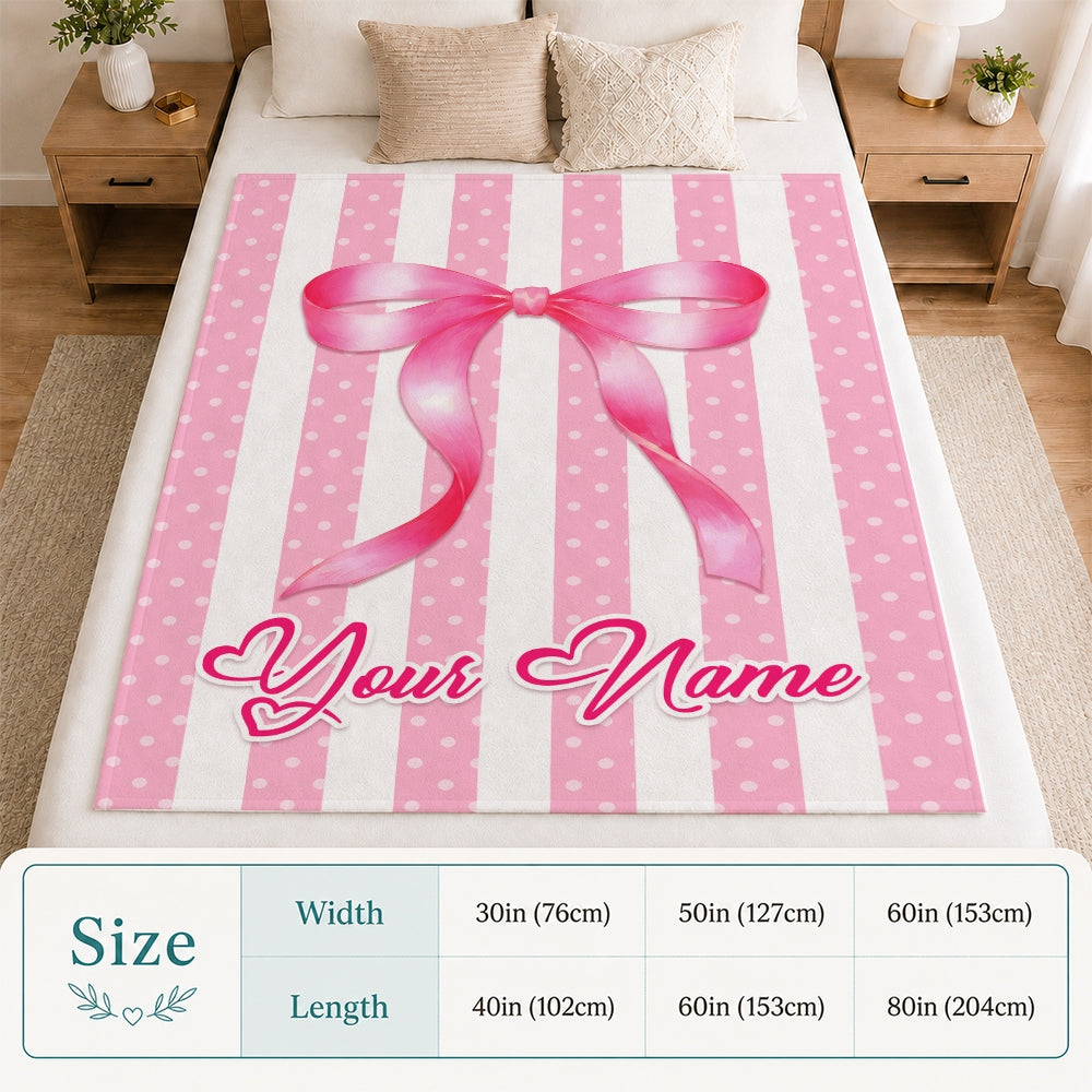 Personalized Striped Coquette Pink Bow Blanket For Girls Custom Name Baby Shower Teenn Kids Room Decor Birthday Gifts For Daughter Niece Fleece Throw Blanket | teecentury